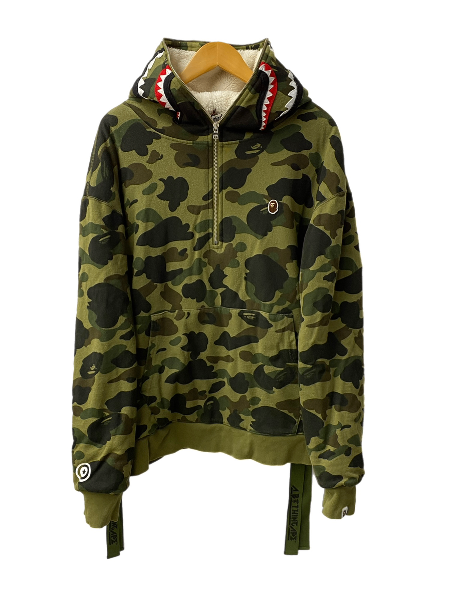 ア ベイシング エイプ A BATHING APE シャークパーカ ファーストカモ 1st CAMO ハーフジップ パーカ ロゴ グリーン XLサイズ  201MT-2337 | 古着通販のドンドンサガール