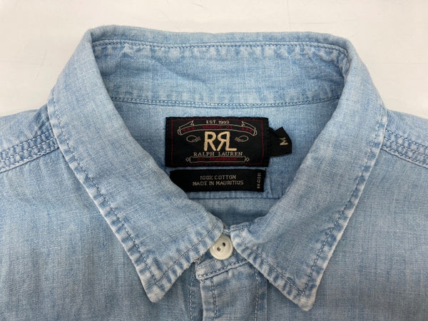 ダブルアールエル RRL 90s 三ツ星タグ SHIRT ステンカラー 猫目ボタン 胸ポケット ヴィンテージ VINTAGE ラルフローレン RALPH LAUREN コットン モーリシャス製 ライトブルー 青 無地 ブルー Mサイズ 104MT-2024