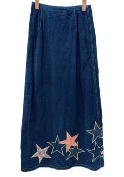 ヒステリックグラマー HYSTERIC GLAMOUR ロング ラップスカート トレンド パッチワーク 星 スター 裏地チェック Y2K 平成 日本製 インディゴ 2AK-1040 スカート チェック ネイビー Fサイズ 104LB-51