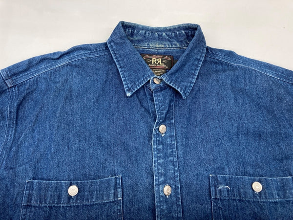 ダブルアールエル RRL 三ツ星タグ DENIM SHIRT デニム ステンカラー フロントボタン メタルボタン ヴィンテージ VINTAGE ラルフローレン RALPH LAUREN フィリピン製 INDIGO インディゴ BLUE 青 長袖シャツ 無地 ブルー Mサイズ 104MT-1954