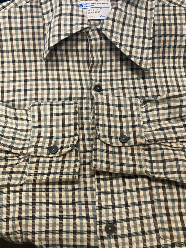 ヴィンテージ vintage 60's~ 60年代～ TOWN CRAFT J.C.Penney プリントネルシャツ チェック オープンカラー ボックス 開襟 ループカラー タウンクラフト 長袖シャツ グリーン Mサイズ 101MT-4977