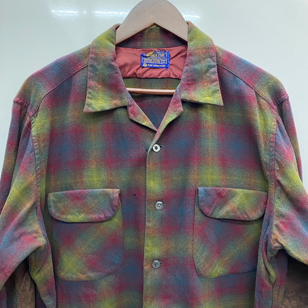 【曜日割引対象外】 ペンドルトン Pendleton 60's オンブレ チェック ボードシャツ エルボーパッチ ウール 長袖シャツ ワインレッド XLサイズ 201MT-4722 VB