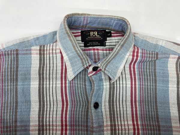 ダブルアールエル RRL 90s 三ツ星タグ ヘビーネルシャツ SHIRT フランネル ステンカラー フロントボタン ヴィンテージ VINTAGE ラルフローレン RALPH LAUREN コットン シンガポール製 ブルー系 長袖シャツ チェック マルチカラー Lサイズ 104MT-2039