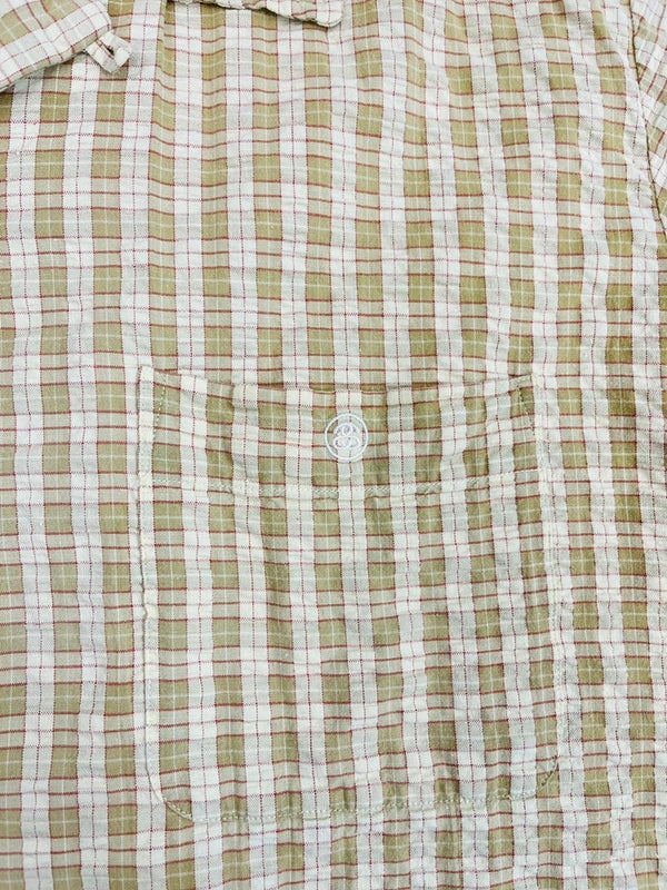 ステューシー STUSSY 90s OLD STUSSY オールドステューシー 王冠 クラウン オープンカラー コットン チェックシャツ クリーム系  ロゴ刺繍 半袖シャツ ベージュ Sサイズ 101MT-4524