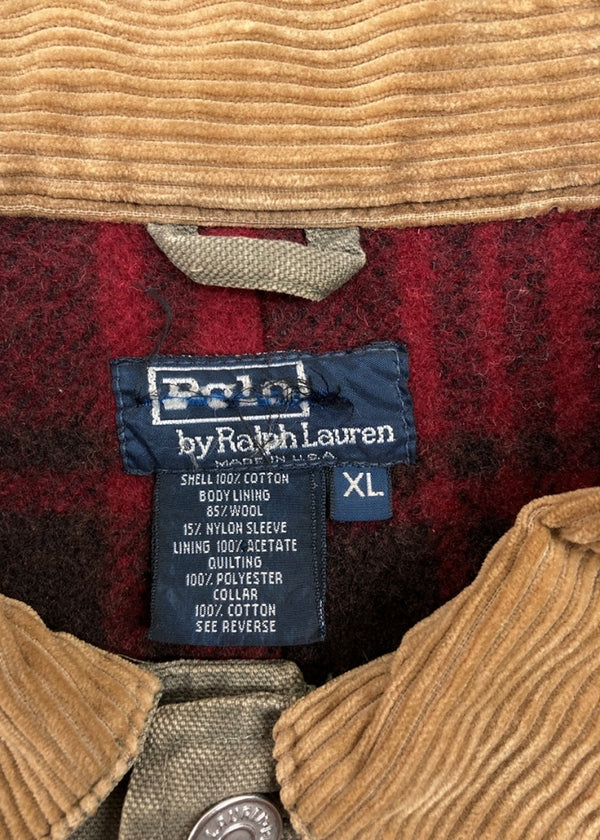 ラルフローレン RalphLauren 90s DUCK JACKET ダック ジャケット ワーク 革パッチ 襟コーデュロイ 裏地ブランケット USA製 アウター 緑 ジャケット ロゴ カーキ XLサイズ 104MT-1380