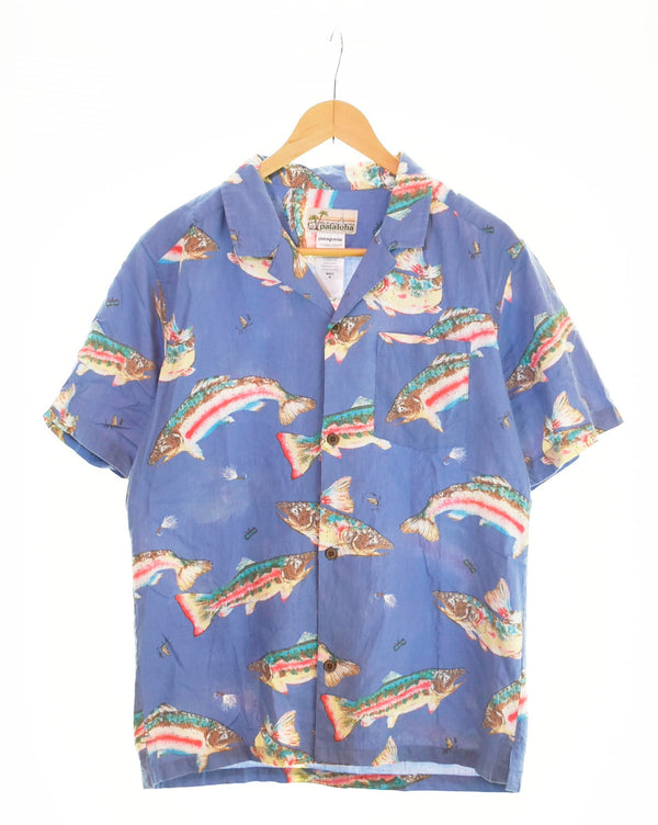 パタゴニア PATAGONIA pataloha shirt TROUT トラウト 80s復刻 2015年製 ニジマス 半袖シャツ ブルー Mサイズ 103MT-1192