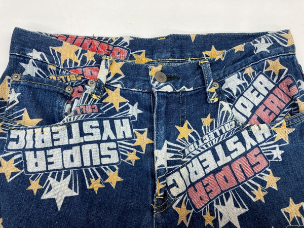 ヒステリックグラマー HYSTERIC GLAMOUR 初期タグ KINKY JEANS ストレートデニム STRAIGHT DENIM ロゴプリント スター 星 Y2K 平成 日本製 インディゴ 2AP-0752 デニム 総柄 ネイビー Mサイズ 104LB-50