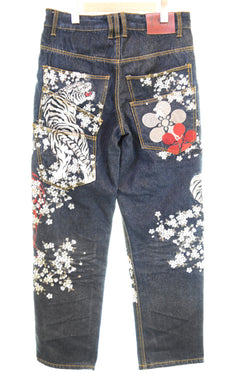 リュウギアッサク 流儀圧搾  花鳥風月和柄 刺繍  花柄 デニムパンツ デニム ブルー 32 103MB-682