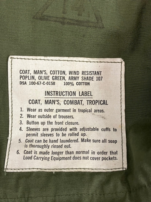 ミリタリー Military 60's 60年代 US ARMY Jungle Fatigue JACKET ジャングルファティーグ ジャケット 3rd ノンリップ Vintage ヴィンテージ DSA-100-67-C-0158 SMALL-LONG ジャケット カーキ Sサイズ 101MT-4366