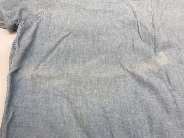 ダブルアールエル RRL 三ツ星タグ DENIM SHIRT デニム バンドカラー シャンブレー フロントボタン ヴィンテージ VINTAGE ラルフローレン RALPH LAUREN マレーシア製 ライトブルー 水色 長袖シャツ 無地 ブルー Sサイズ 104MT-1955