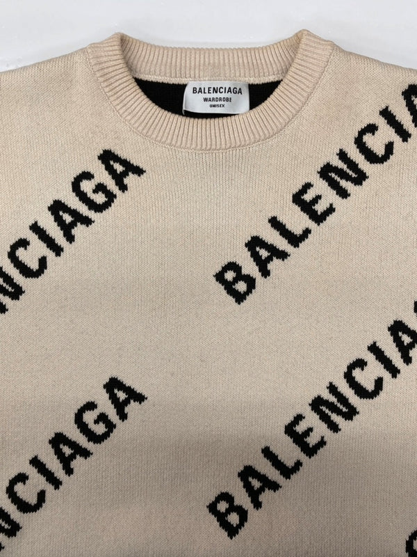 バレンシアガ BALENCIAGA LOGO SWEATER ロゴ セーター クルーネック スラッシュロゴ オーバーサイズ ニット 長袖 厚手 白 セーター 総柄 ホワイト XSサイズ 104MT-2294