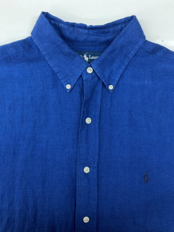 ラルフローレン RalphLauren 90s BLAKE LINEN S/S SHIRT リネン 半袖 シャツ ボタンダウン 刺繍 ショートスリーブ 青 半袖シャツ ワンポイント ブルー XLサイズ 104MT-2050