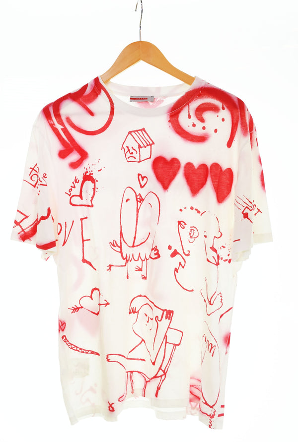 プラダ PRADA 2007ss Adam Neate アダムニートアーカイブ archive 総柄 プリント 半袖Tシャツ 白 Tシャツ ホワイト LLサイズ 103MT-2666