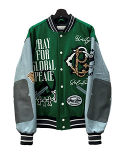 ファーストロウ FIRST ROW GLOBAL PEACE MULTI PATCHES VARSITY JACKET バーシティ ジャケット スタジャン キルティング アウター 灰 緑 FRJ0070 ジャケット 刺繍 グリーン Lサイズ 104MT-1427
