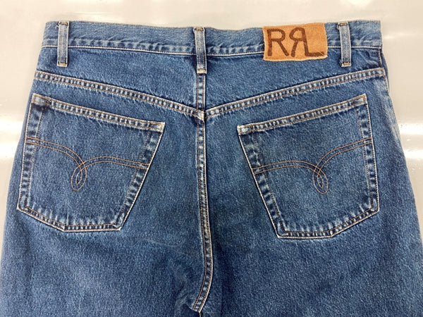 ダブルアールエル RRL DENIM PANTS デニム パンツ ボタンフライ ジーパン ジーンズ USA製 Ralph Lauren インディゴ 青 ロゴ R001 デニム ブルー 36×30 104MB-354