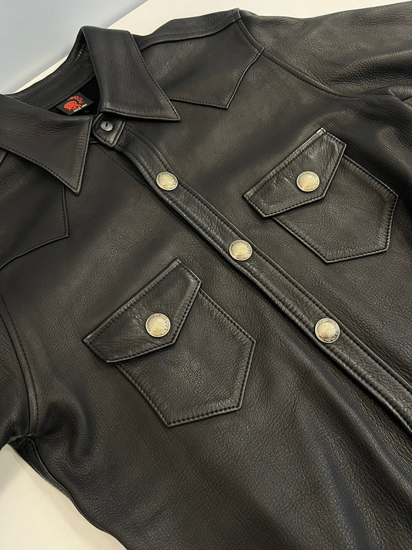 レッドムーン RED MOON ウエスタンシャツ レザーシャツ 鹿革 ディアスキン コンチョボタン 黒  表記サイズ38 ジャケット ブラック 101MT-4496