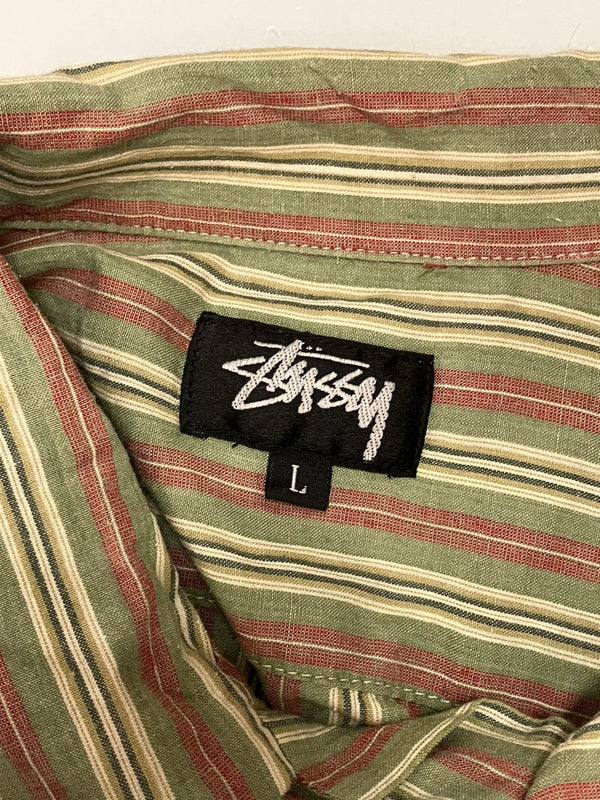 ステューシー STUSSY OLD VINTAGE 80's 80s 初期タグ 黒タグ MADE IN USA USA製　総柄　開襟　オープンカラー 半袖シャツ ストライプ グリーン Lサイズ 101MT-2389