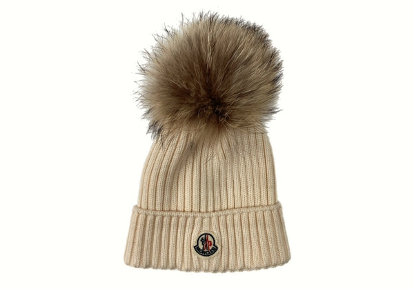 モンクレール MONCLER KNIT CAP ニット帽 ビーニー ファー付 キッズ ベビー 白 C2-954-00316-05-04S01 帽子 レディース帽子 ニット帽 ロゴ ホワイト Sサイズ 104H-24