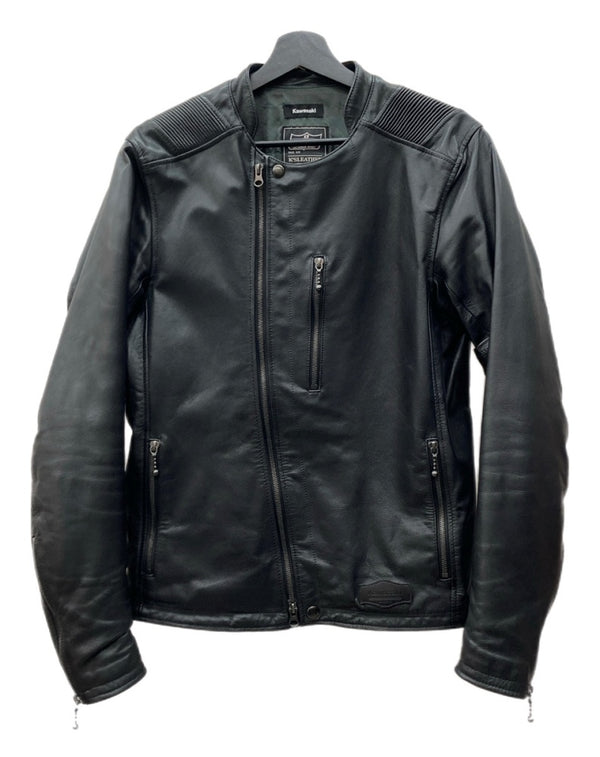 カドヤ KADOYA × Kawasaki LEATHER JACKET レザー ジャケット ライダース セミダブル ダブルジップ アウター 黒 ジャケット 無地 ブラック Lサイズ 104MT-1917