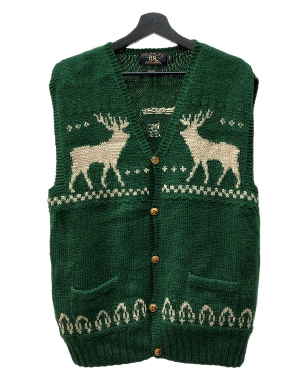 ダブルアールエル RRL 90s WOOL VEST ウール ベスト カウチン ボタン Vネック HAND KNIT トナカイ柄 三ツ星タグ Ralph Lauren ラルフローレン 緑 ベスト 総柄 グリーン Mサイズ 104MT-1747