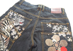 リュウギアッサク 流儀圧搾  花鳥風月和柄 刺繍  花柄 デニムパンツ デニム ブルー 32 103MB-682
