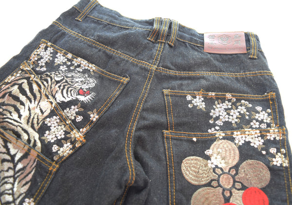 リュウギアッサク 流儀圧搾  花鳥風月和柄 刺繍  花柄 デニムパンツ デニム ブルー 32 103MB-682