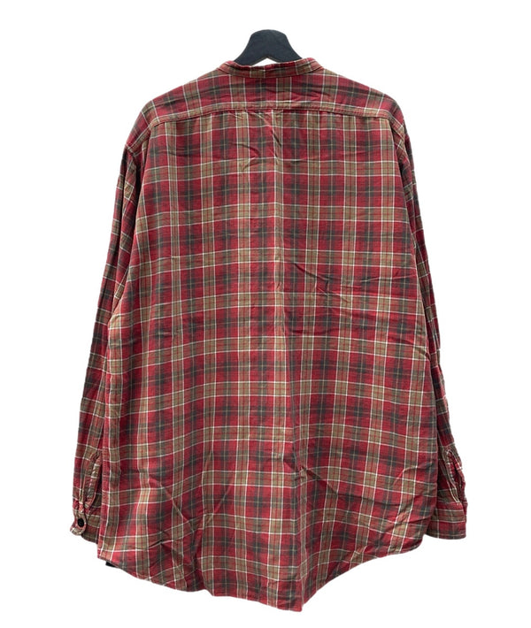 ダブルアールエル RRL 90s 90年代 三ツ星タグ FLANNEL SHIRT フランネル ネルシャツ バンドカラー ノーカラー  長袖シャツ チェック レッド Lサイズ 104MT-2075