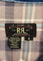 ダブルアールエル RRL 90s DENIM JACKET デニム ジャケット 三ツ星タグ USA製 シンチバック 裏地チェック Ralph Lauren 青 ジャケット ロゴ ブルー Sサイズ 104MT-1365