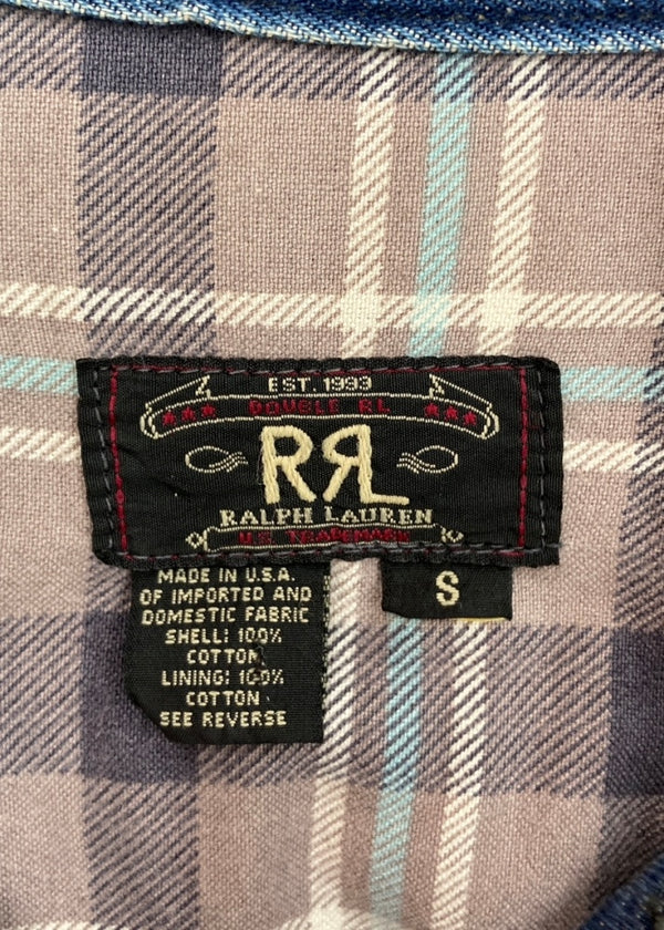 ダブルアールエル RRL 90s DENIM JACKET デニム ジャケット 三ツ星タグ USA製 シンチバック 裏地チェック Ralph Lauren 青 ジャケット ロゴ ブルー Sサイズ 104MT-1365