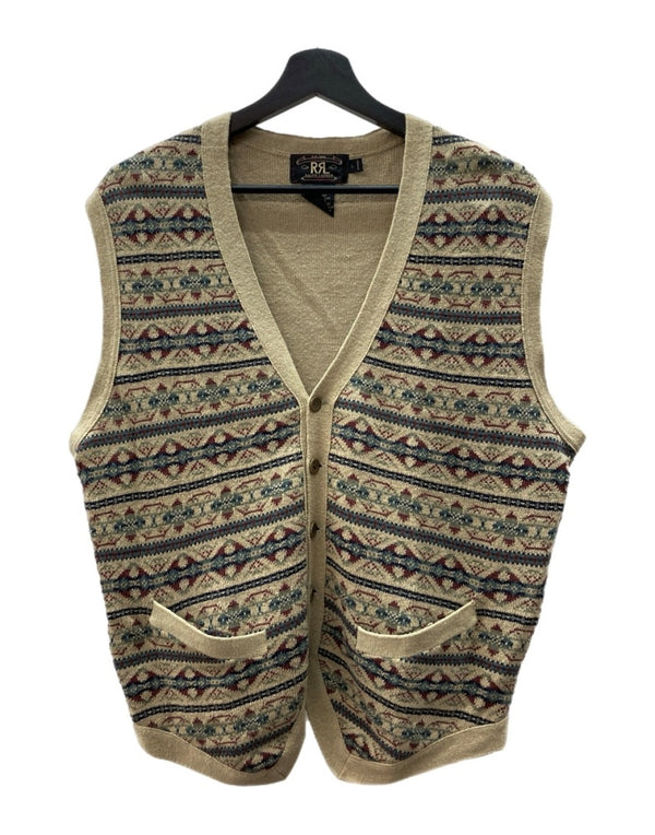 ダブルアールエル RRL 90s LOOSE KNIT VEST ニット ベスト アイル ノルディック Vネック レイヤード 三ツ星タグ Ralph Lauren 茶 ベスト 総柄 ブラウン Lサイズ 104MT-2070