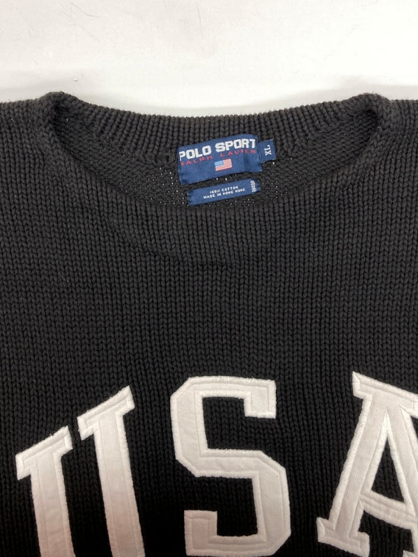 ラルフローレン RalphLauren POLO SPORT 90s USA LOGO COTTON KNIT ロゴ コットン ニット セーター 厚手 長袖 黒 セーター 刺繍 ブラック XLサイズ 104MT-1748
