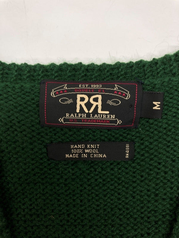 ダブルアールエル RRL 90s WOOL VEST ウール ベスト カウチン ボタン Vネック HAND KNIT トナカイ柄 三ツ星タグ Ralph Lauren ラルフローレン 緑 ベスト 総柄 グリーン Mサイズ 104MT-1747