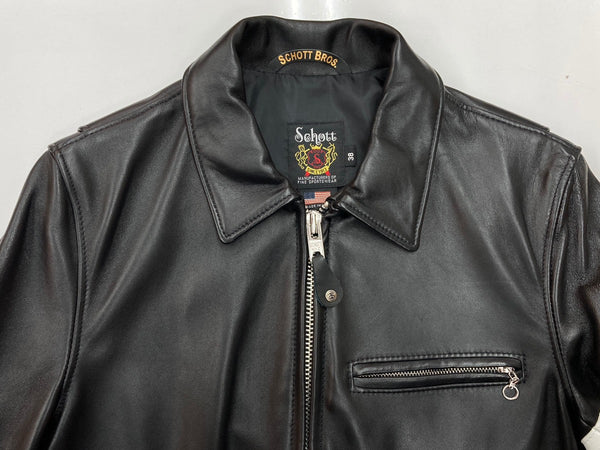 ステューシー STUSSY Schott ショット コラボ シングル ライダース レザー 革ジャン ラムレザー 羊革 USA製 黒 7547 サイズ 38 ジャケット ライン ブラック 104MT-2077