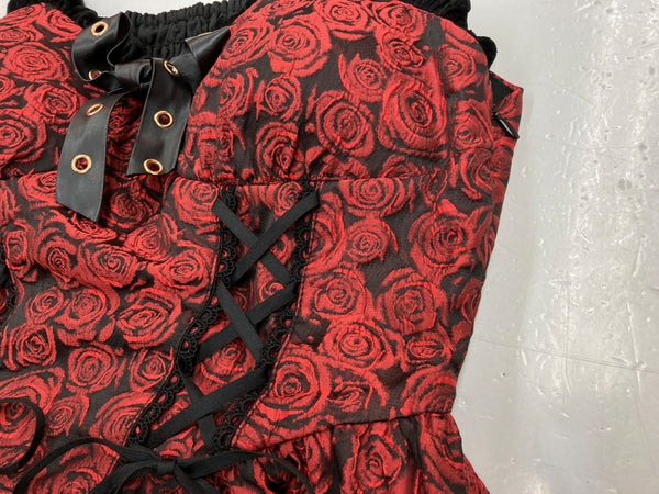 トゥアリス To Alice 2025年モデル ブラッディローズシリーズ ブラッディ ローズ ティアード ドレス レースアップ リボン ロリータ ゴスロリ バラ 薔薇 ROSE 赤 RED  L1217 ワンピース 総柄 レッド Mサイズ 104LT-140