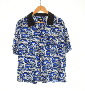 ステューシー STUSSY 20SS CORAL PATTERN SHIRT オープンカラー 開襟 レーヨン サンゴ 柄 半袖シャツ ブルー Mサイズ 103MT-2277