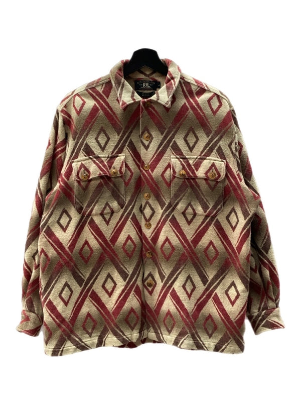 ダブルアールエル RRL 90s NATTVE WORKSHIRT ネイティブ ワークシャツ 三ツ星タグ USA製 厚手 ジャケット Ralph Lauren 薄茶 ジャケット 総柄 ベージュ Lサイズ 104MT-1363