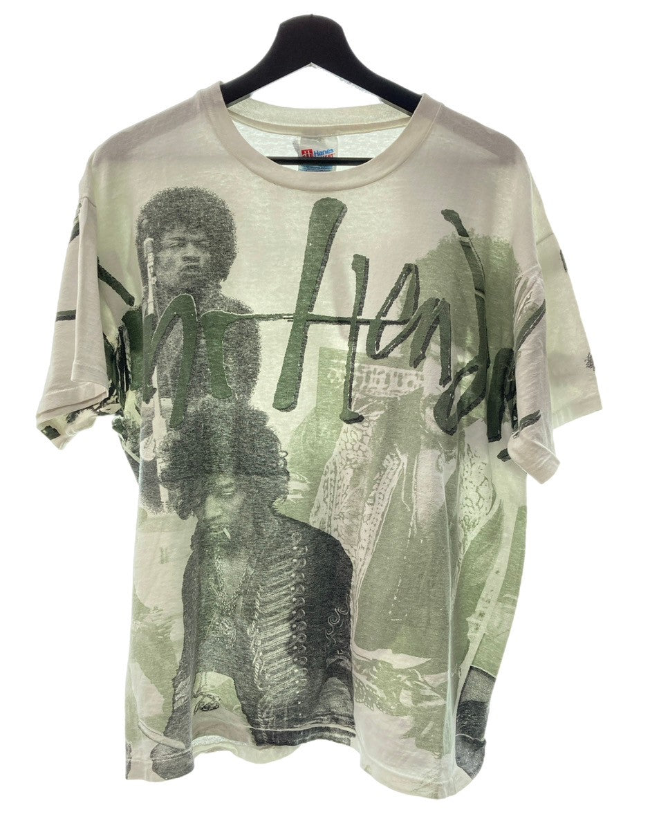 ヴィンテージ VINTAGE ITEM 90's Jimi Hendrix ジミ・ヘンドリックス ジミヘン 大判 総柄 プリント 袖裾  シングルステッチ 白 XL Tシャツ 総柄 ホワイト 104MT-166 | 古着通販のドンドンサガール