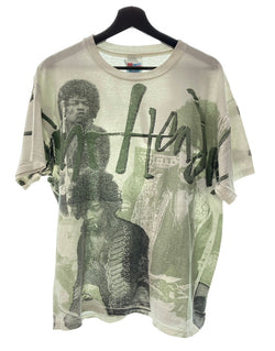 ヴィンテージ VINTAGE ITEM 90's Jimi Hendrix ジミ・ヘンドリックス ジミヘン 大判 総柄 プリント 袖裾 シングルステッチ 白  XL Tシャツ 総柄 ホワイト 104MT-166