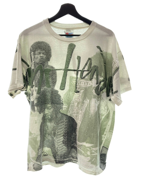 ヴィンテージ VINTAGE ITEM 90's Jimi Hendrix ジミ・ヘンドリックス ジミヘン 大判 総柄 プリント 袖裾 シングルステッチ 白  XL Tシャツ 総柄 ホワイト 104MT-166