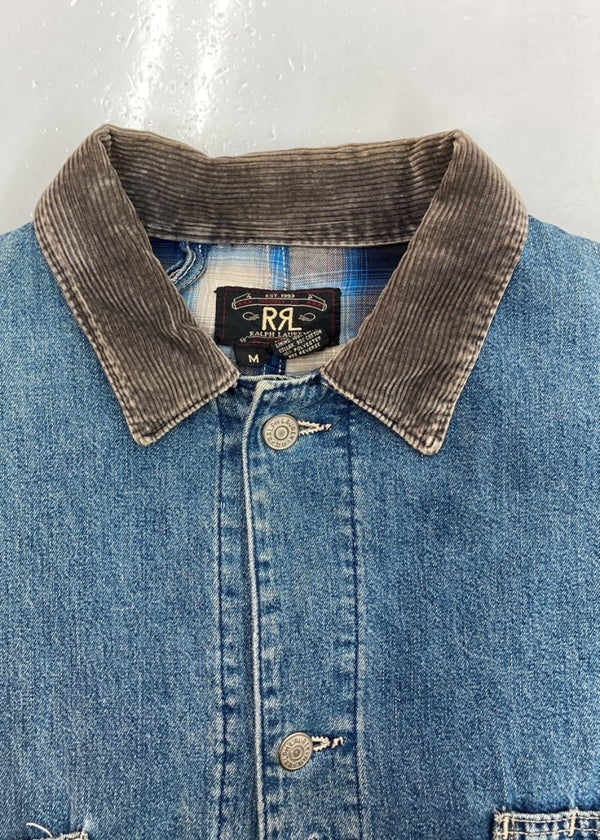 ダブルアールエル RRL 90s COVERALL JACKET カバーオール ジャケット 三ツ星タグ 裏地オンブレチェック コーデュロイ USA製 Ralph Lauren 青 ジャケット 無地 ブルー Mサイズ 104MT-1350