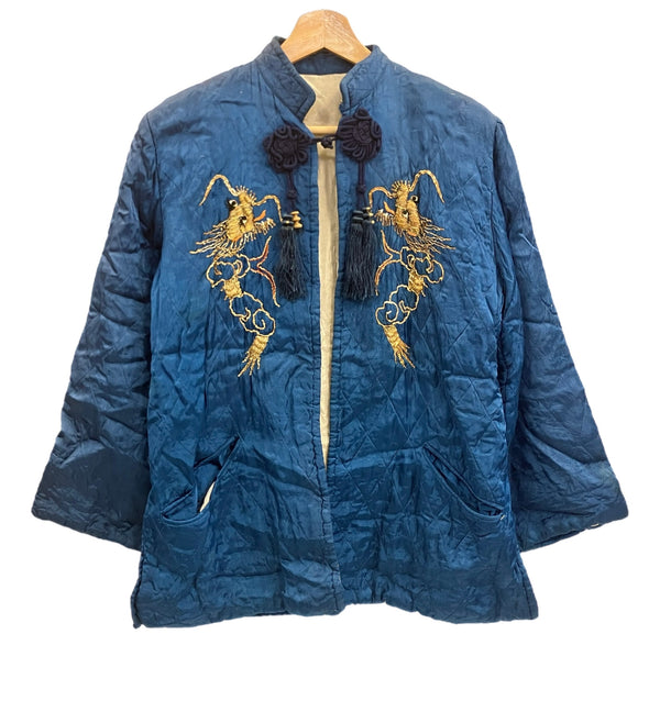 ヴィンテージ vintage 50's 50年代 チャイナジャケット カンフー スリーピング 龍 ドラゴン 刺繍 サテン キルティング ジャケット ブルー 101MT-4801