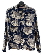 サンサーフ SUN SURF ALOHA SHIRT アロハ シャツ THE PINEAPPLE ISLAND ハワイアン オープンカラー ボタン 開襟 長袖 薄手 紺 SS23303 長袖シャツ 総柄 ネイビー Sサイズ 104MT-2325