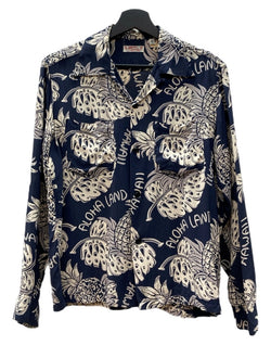 サンサーフ SUN SURF ALOHA SHIRT アロハ シャツ THE PINEAPPLE ISLAND ハワイアン オープンカラー ボタン 開襟 長袖 薄手 紺 SS23303 長袖シャツ 総柄 ネイビー Sサイズ 104MT-2325