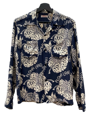 サンサーフ SUN SURF ALOHA SHIRT アロハ シャツ THE PINEAPPLE ISLAND ハワイアン オープンカラー ボタン 開襟 長袖 薄手 紺 SS23303 長袖シャツ 総柄 ネイビー Sサイズ 104MT-2325