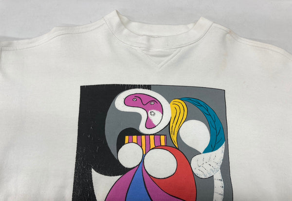 ヴィンテージ vintage ピカソ 花と女性 Pablo Picasso Woman with a flower アート 前V はめ込みV ガゼット US古着 白 サイズ不明 スウェット プリント ホワイト 104MT-1059