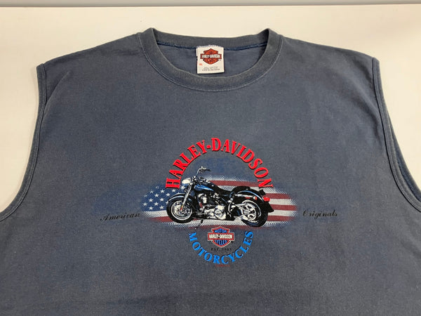 ハーレーダビッドソン Harley-Davidson 00's MORTERCYCLE イーグル モーターサイクル バイク バーアンドシールドロゴ 両面 プリント XL ノースリーブ ブルー LLサイズ 101MT-4537