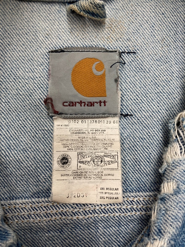 カーハート Carhartt DENIM TRUCKER JACKET デニム トラッカー ジャケット Gジャン ダメージ USA製 アウター インディゴ 青 ジャケット ロゴ ブルー 2XLサイズ 104MT-2167