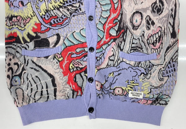ワコマリア WACKO MARIA × TIM LEHI ティム リーハイ JACQUARD CARDIGAN ジャガード カーディガン スカル 髑髏 虎柄 龍柄 ニット カーディガン 総柄 マルチカラー Mサイズ 104MT-1749