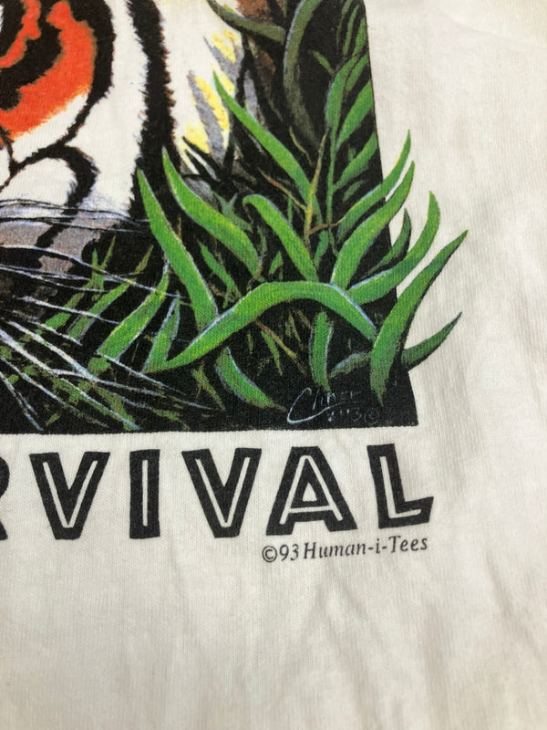 US US古着 90's 90年代 FRUIT OF THE LOOM Human-i-Tees EYE ON SURVIVAL アニマルプリント アートT MADE IN USA アメリカ製 ヴィンテージ VINTAGE XL Tシャツ ホワイト LLサイズ 101MT-4914