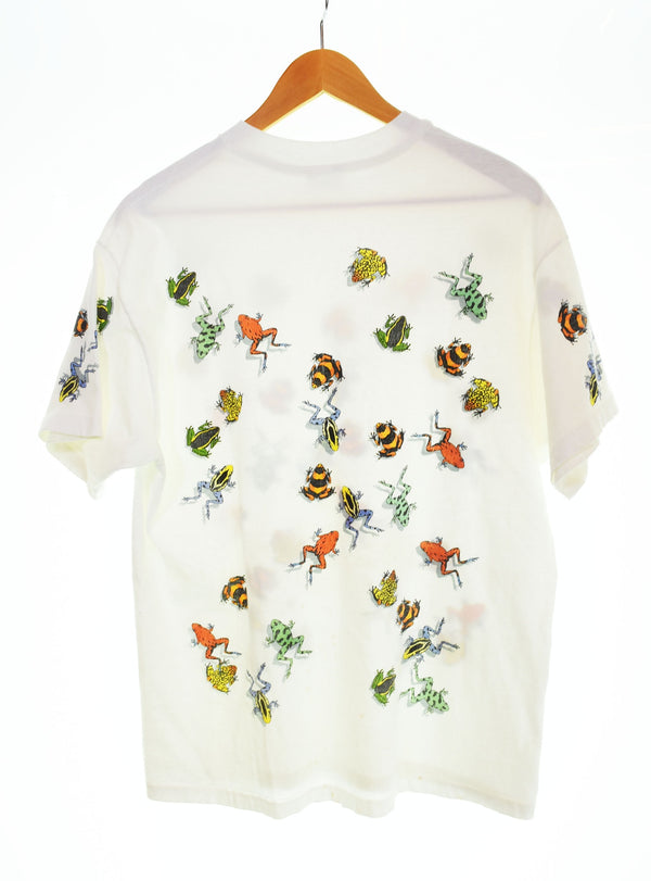 US US古着 90s USA製 カエル frog 全面プリント アート半袖Tシャツ 白 Tシャツ ホワイト Lサイズ 103MT-2677